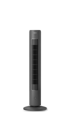 (opens in the same window) A tall black Philips Tower Fan 5000 Series with an aromatherapy button in the front