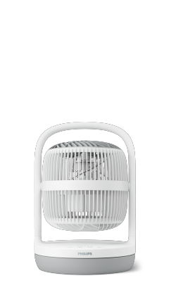 (opens in the same window) A short Philips Table Fan 3000 Series with a white exterior and a grey base.